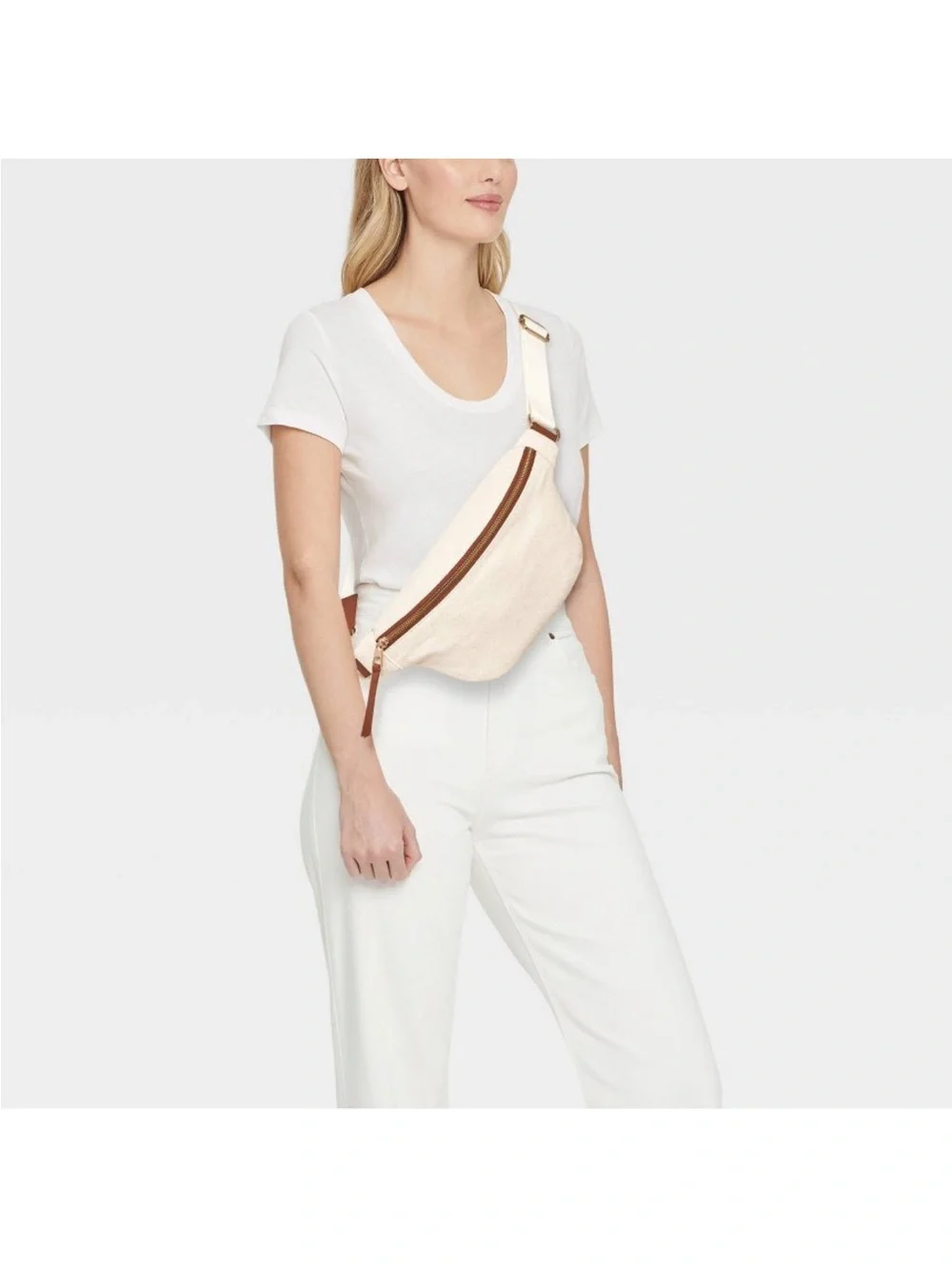 Universal Thread Cream Canvas Crossbody Belt Bag with Brown Trim